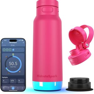 Hidrate Spark PRO 2 Smart Water Bottle – 946 ml insulated stainless steel, tracks intake, glows & beeps reminders, Bluetooth app sync, chug & straw lids, BPA-free, Flamingo (with Apple Find My